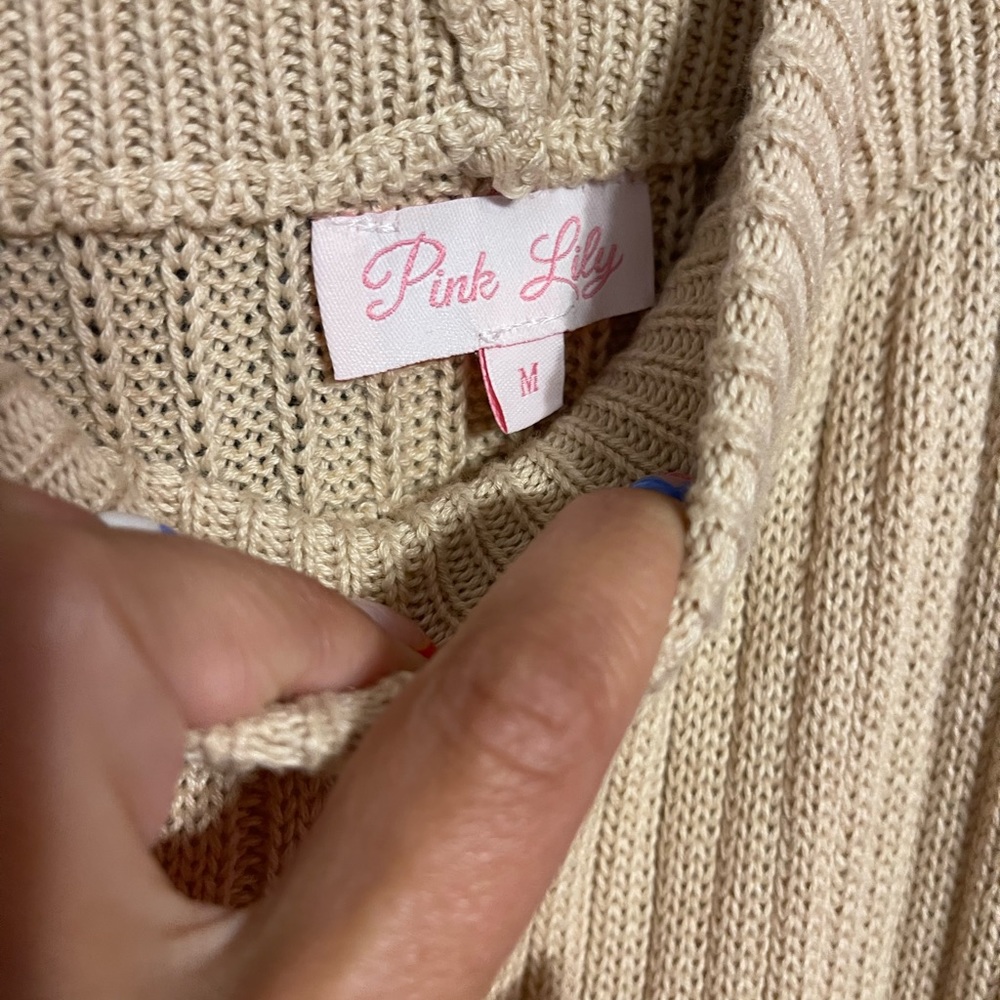 pink lily tan midi sweater skirt with slit. never worn size medium!